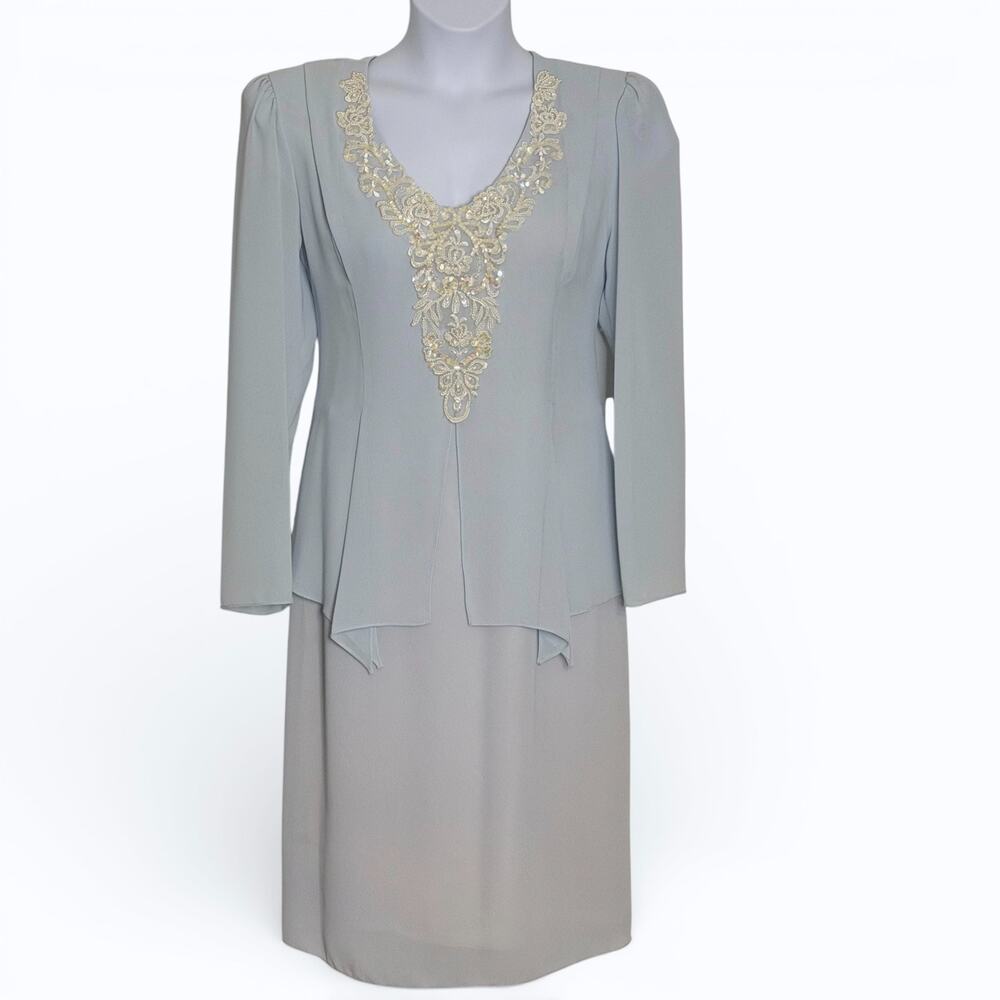 Vintage 90s Ursula Switzerland Blue Chiffon Beaded Dress Mother of Bride Size 14